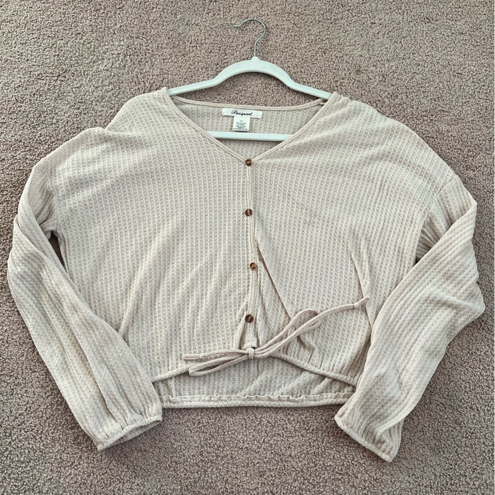 Beige cropped cinch tie sweater size M